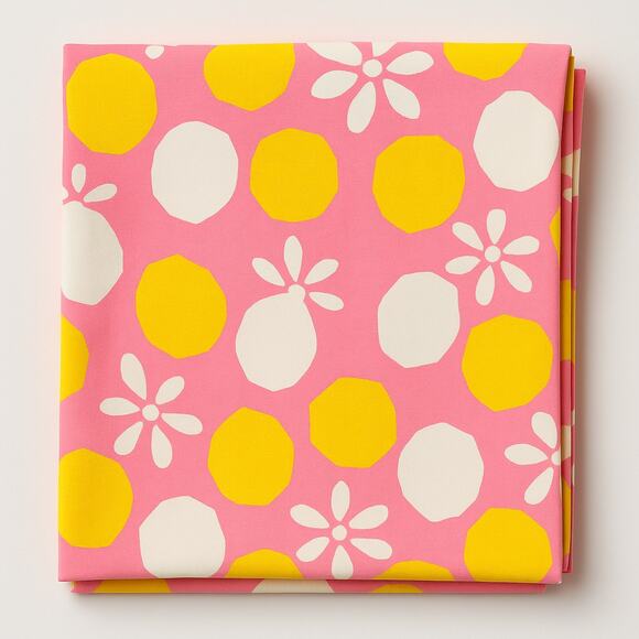 Klopman Mills Fabric 1970s Mod Floral Pink Yellow Cotton 1.27 Yards - Picture 1 of 6